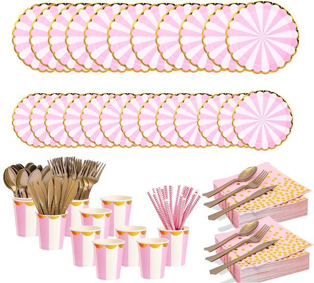 Einweggeschirr Set aus Papier in Rosa mit Streifen bestehend aus Tellern, Tassen und Strohhalmen für Hochzeiten, Geburtstage und Kinderfeiern - Bild 1