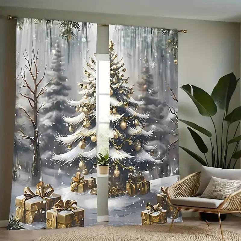 Tonnika Chen Set aus 2 lichtblockierenden Weihnachtsbaum Geschenk Muster Vorhängen in Gold, B: 100 cm, H: 70 cm - Bild 3