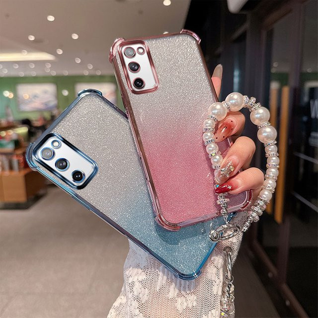 Samsung Galaxy S20 Fe Plus Ultra Handyhülle aus stoßfestem TPU mit Gradient Glitter Design und luxuriösem Perlenketten-Handgelenkband in Lila - Bild 1