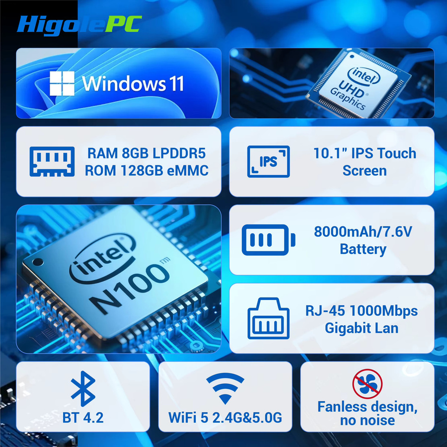 Higole F9A Industrielles Tablet-PC mit 10,1 Zoll Display, Intel N100, Windows 11, WiFi5, 8GB RAM, 128GB Speicher, 8000mAh Akku, RS232 Scanner, IP65 Schutz, Schwarz - Bild 3
