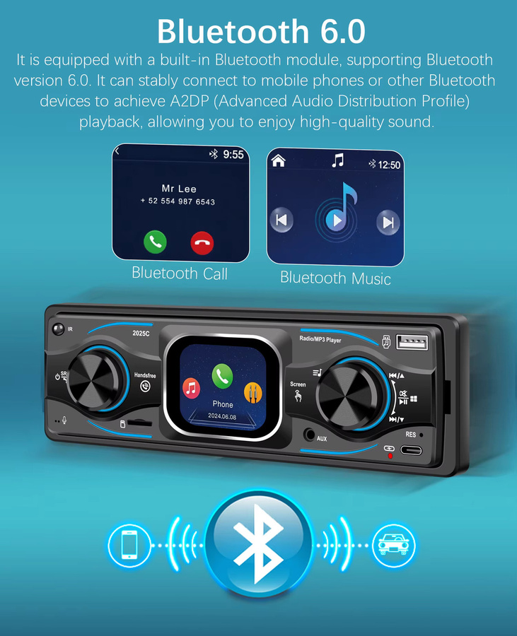 ESSGOO 1DIN MP3 Autoradio mit 2,2 Zoll TFT-Touchscreen, Bluetooth 6.0, Freisprecheinrichtung, USB, AUX, Typ-C und 7 Beleuchtungsfarben in Schwarz - Bild 5