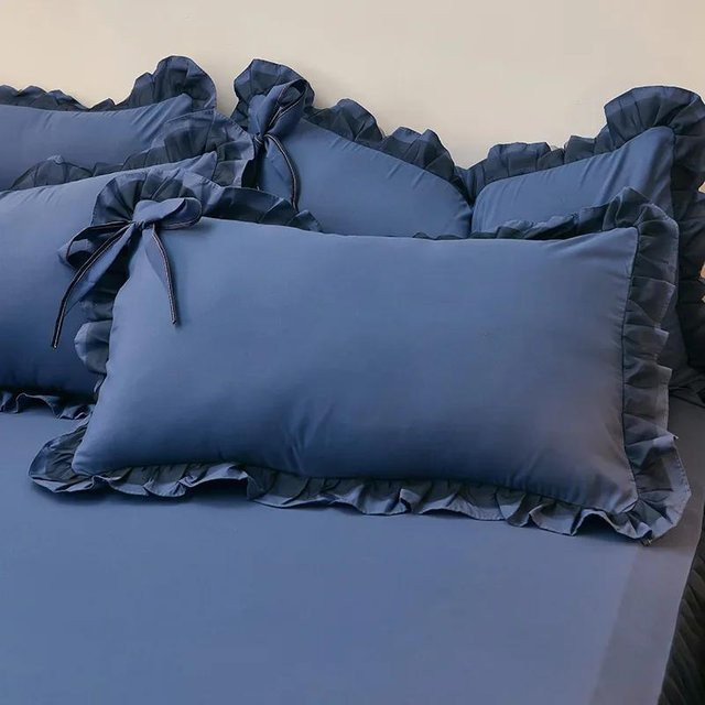 JMG Clothing Kissenbezug im koreanischen Prinzessinnenstil mit Spitzenrüsche aus gewaschener Baumwolle, Blau, B/H: 48 x 74 cm - Bild 1