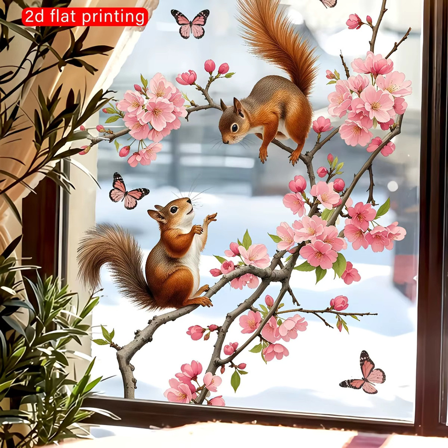 Kingsmile Fensteraufkleber mit Eichhörnchen und Kirschblüten, wiederverwendbare Sakura-Dekoration in Mehrfarbig - Bild 2