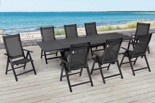 OUTFLEXX Garten-Essgruppe in Anthrazit mit ausziehbarem Tisch und 8 Klappstühlen aus Aluminium, Keramik und Textil - Bild 1