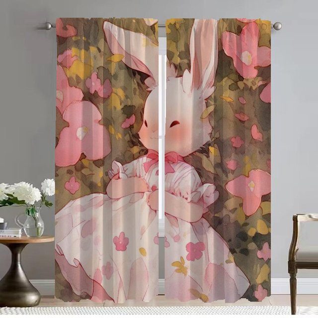 2er-Set Küchenvorhänge mit Naturmotiv Hase Reh und Blumen, halbtransparent, Mehrfarbig, Breite: 50 cm, Höhe: 70 cm - Bild 1