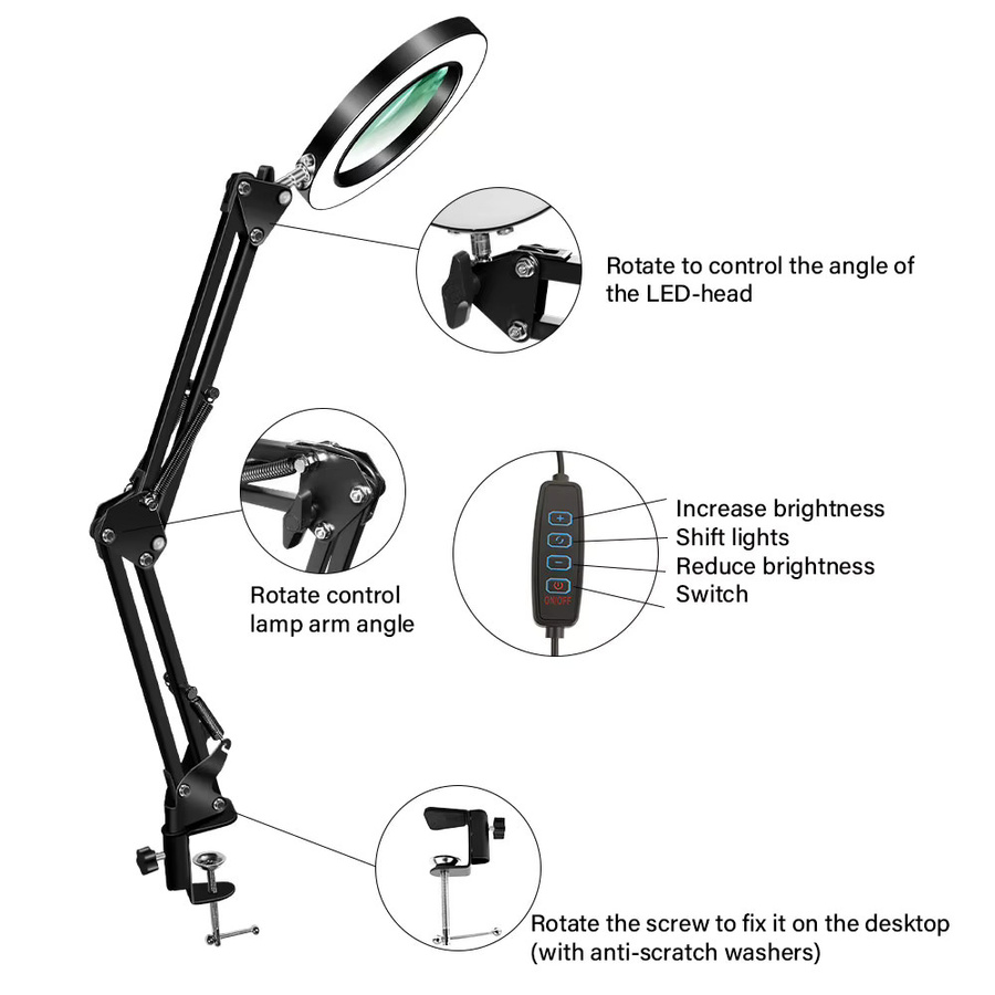 Beleuchtete LED-Lupe mit 72 LEDs und 8X/10X Vergrößerung, USB-Tischlampe in Schwarz oder Weiß für Reparaturen und Hautpflege - Bild 2
