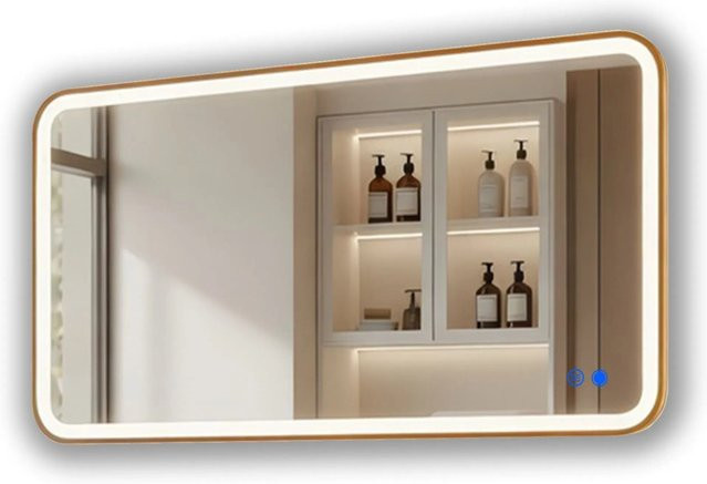 ARTFORMA LED Badspiegel Rechteckig mit Abgerundeten Ecken in Gebürstetem Gold, B: 120 cm, H: 70 cm, mit Beleuchtung, Antibeschlag und Touch-Funktion, IP44 - Bild 1
