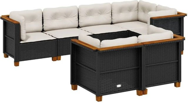 vidaXL 7-tlg Garten-Sofagarnitur aus Poly-Rattan und Akazienholz mit Kissen, Schwarz - Bild 1