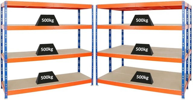 PROREGAL Rhino Schwerlastregal Set aus 3 Profi-Regalen, Blau-Orange, H x B x T: 180 x 200 x 60 cm, mit 4 verstellbaren MDF-Holzplatten pro Regal und 500 kg Fachlast - Bild 1