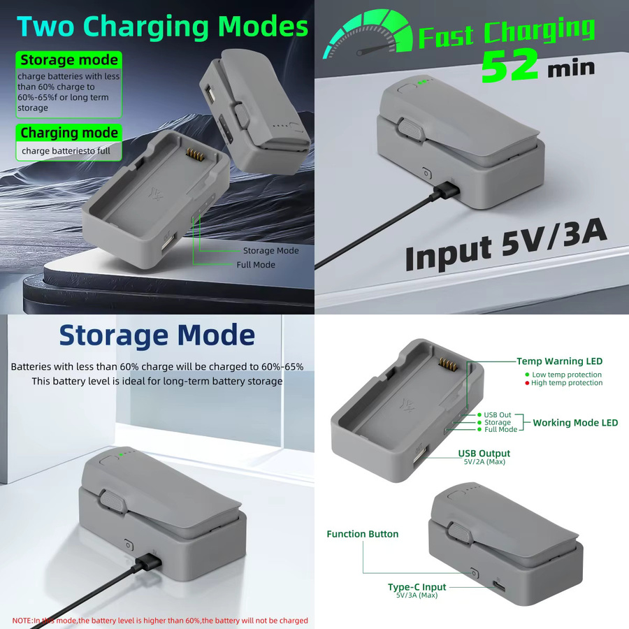 DJI NEO 2 USB-Ladestation mit LED-Anzeige und USB-C-Kabel in Grau - Bild 2