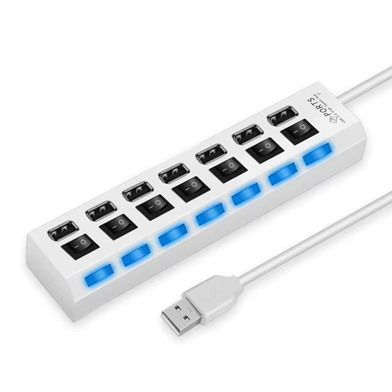 USB Hub 2.0 Multi USB Splitter mit 7 Ports und LED-Lampenschalter in Weiß für PC und Laptop - Bild 1