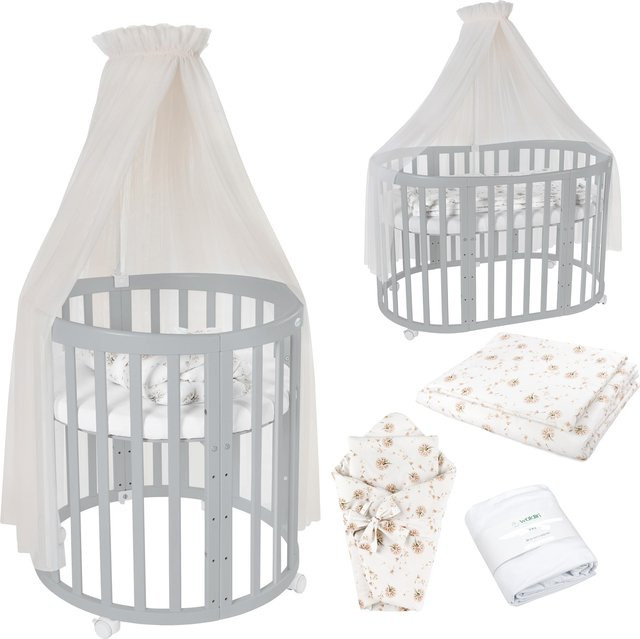 Waldin Babybett OWAL 7in1 Kinderbett aus Buchenholz mit Matratze, mitwachsendes Kinderbett, lackiert - Bild 1