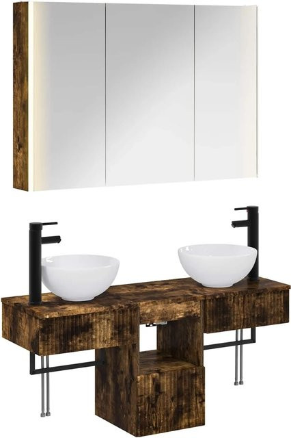 vidaXL Badezimmerschrank-Set 4-teilig aus Holz in Geräucherte Eiche, modern mit LED-Beleuchtung und Spiegelschrank - Bild 1
