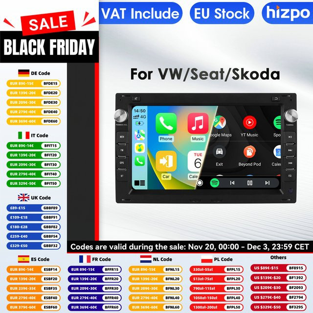 Hizpo Android 14 Auto-Multimedia-Player mit GPS und 4G für VW Golf 4, Passat, Polo und Transporter T5 in Schwarz - Bild 1