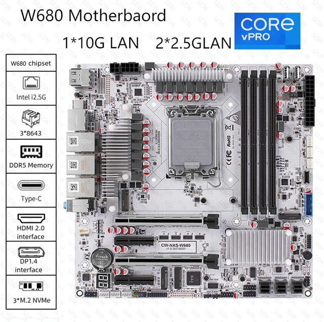 CWWK W680 Motherboard für NAS und All-in-One Workstations, unterstützt 12. bis 14. Generation Intel Core, DDR5, PCIe 5.0, 12x SATA 3.0 und 3x M.2 NVMe, LGA1700 - Bild 1