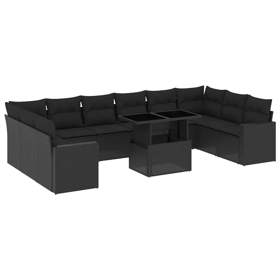 vidaXL 11-teilige Garten-Sofagarnitur in L-Form aus schwarzem Poly-Rattan mit UV-beständigen Kissen und pulverbeschichtetem Stahlgestell - Bild 2