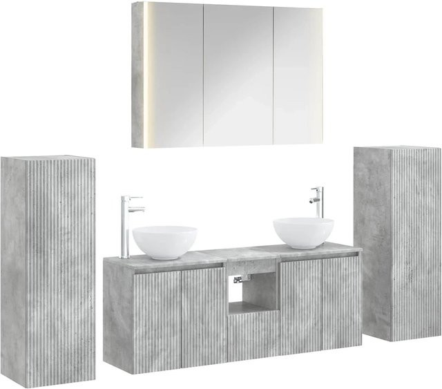 vidaXL Badezimmermöbel-Set 6-teilig in Betongrau mit Spiegelschrank, Waschtischunterschrank und Wandschrank aus Holz, Glas und Metall mit LED-Beleuchtung - Bild 1
