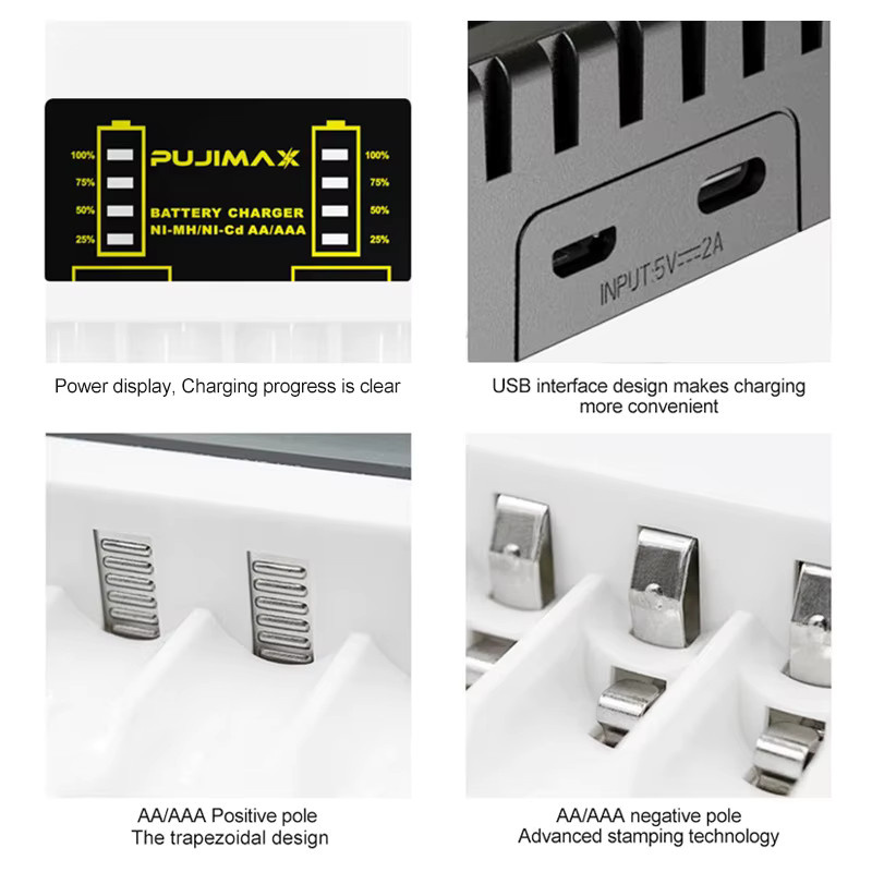 VORTNGLE AA/AAA-Batterieladegerät mit 4 Steckplätzen, intelligentes LED-Display und USB-C Anschluss, Schwarz - Bild 4