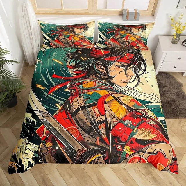 Japanisches Samurai Bettwäscheset mit Kirschblüten, Roter Sonne und Fuji Berg, Doppelgröße, B/H: 200 x 230 cm, Multicolor - Bild 1