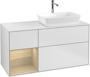 V&B Waschtischunterschrank Finion mit Wandbeleuchtung, Farbe: Weiß lackiert mit Eichenregal, Breite: 120 cm - Bild 1
