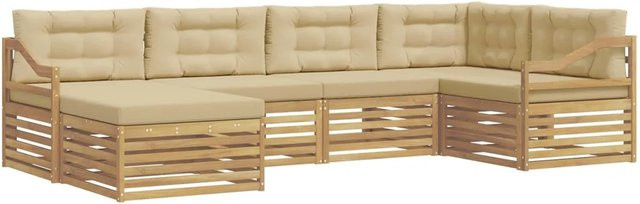 vidaXL Outdoor-Sofagarnitur in L-Form mit 6 Teilen, Set bestehend aus 3-Sitzer-Sofa, Eckelement, Ottoman und Kissen, Weiß und Beige, aus Akazienholz und UV-beständigem Polyester - Bild 1
