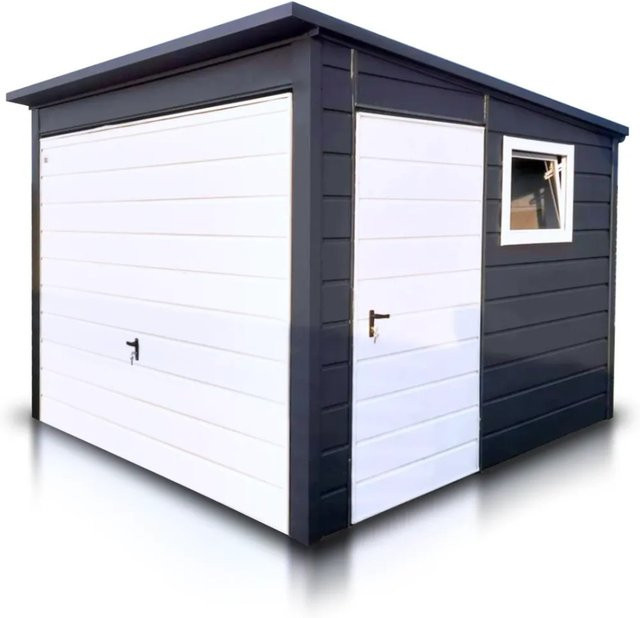 Liderstal Gerätehaus Basic aus Blech mit Pultdach, Farbe Anthrazit, B/T: 300 x 300 cm, inklusive Seitentür und Fenster - Bild 1
