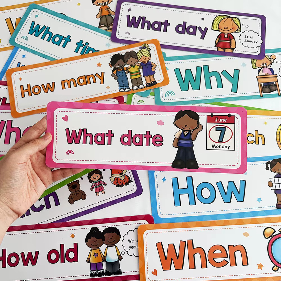 QKX Englische Grammatik-Lernkarten für Kinder mit WH-Fragenwörtern, Mehrfarbig, aus Papier - Bild 2