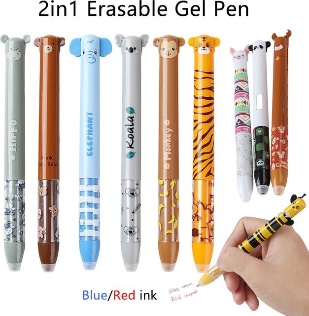 JOMPENS 2 in 1 Löschbare Gel Stifte mit Cartoon Tier Motiven Löwe und Panda 0,5 mm Mehrfarbig - Bild 1