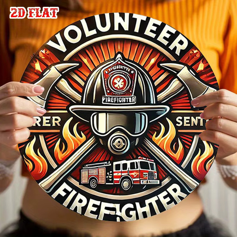Potdemiel Metall-Blechschild Feuerhelm mit Flammen und Feuerwehrauto Design, Rund, Durchmesser: 20 cm, Mehrfarbig - Bild 6