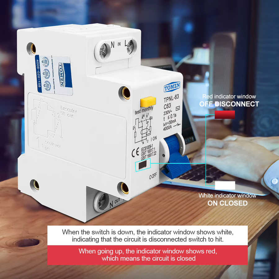 TOMZN RCBO Fehlerstromschutzschalter mit Kurzschlussschutz und Überlastschutz, 1P+N, AC230V, Weiß - Bild 2