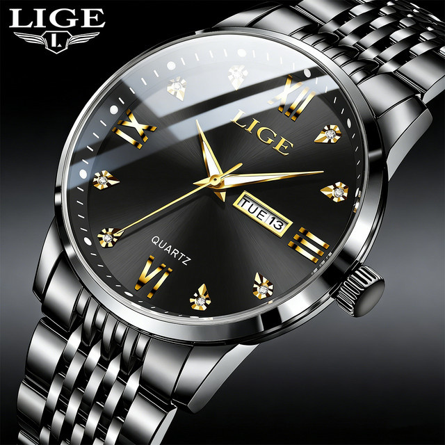 LIGE Armbanduhr Edelstahl, Quarz, Schwarz, Herren, Datum, Wochentag - Bild 1