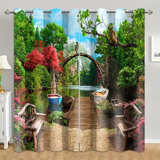 Yiran Furniture Vorhänge mit Waldlandschaft Motiv, 2er-Set, halbtransparent, Mehrfarbig, B: 70 cm, H: 185 cm - Bild 1