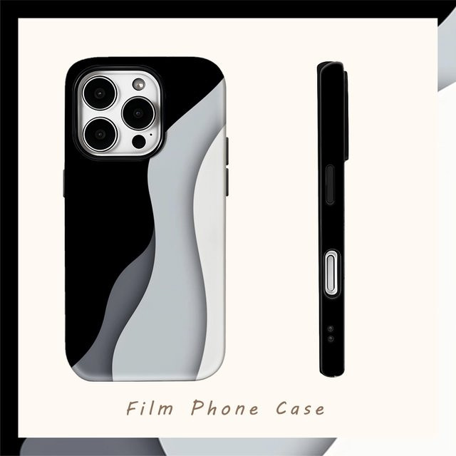 Handyhülle mit monochrome Wellenformen für iPhone 17AIR 16E 16 15 14 13 12 11 Pro Max Plus mit doppelschichtiger Rückseite in Schwarz - Bild 1