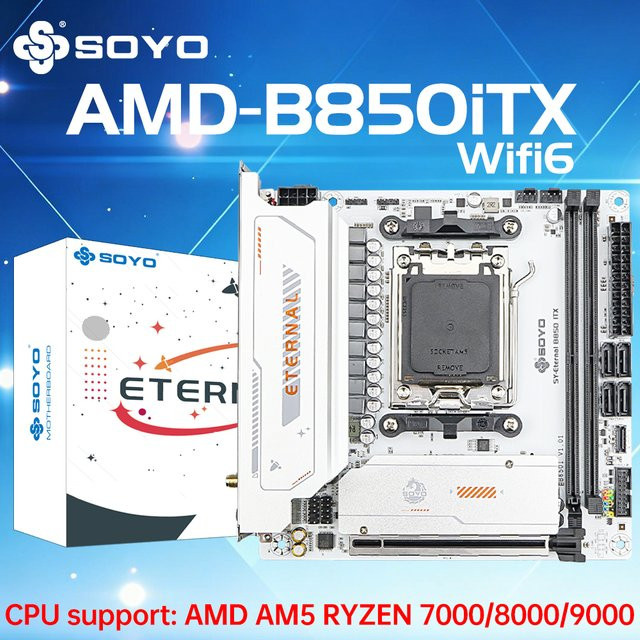 SOYO B850ITX Mini Motherboard AM5 für AMD Ryzen 7000 8000 9000 Prozessoren, DDR5, PCIe 5.0, WiFi 6, Weiß - Bild 1