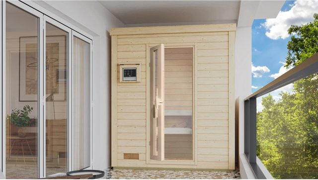 Karibu Saunahaus Arvi 0 aus Massivholz mit 9 kW Ofen, Iso-Tür und externer Steuerung, naturbelassen - Bild 1