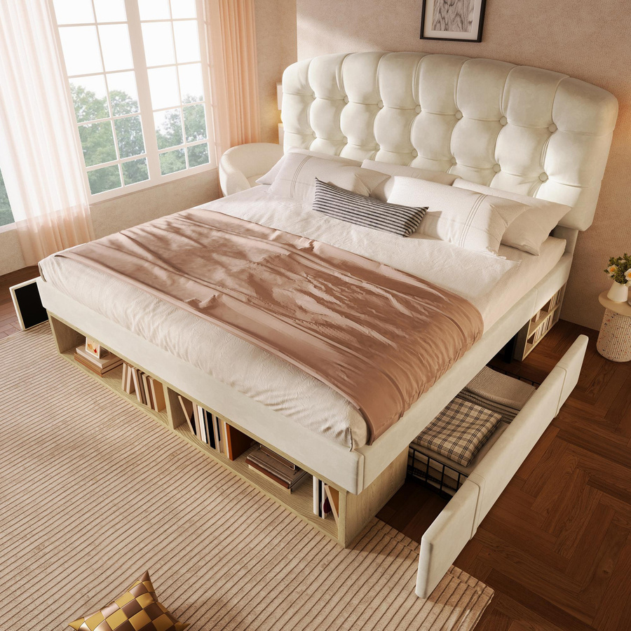 Polsterbett AB Store als Doppelbett mit geschwungenem Kopfteil und Schubladen in Beige, H x B x T: 120 x 197 x 151 cm - Bild 2