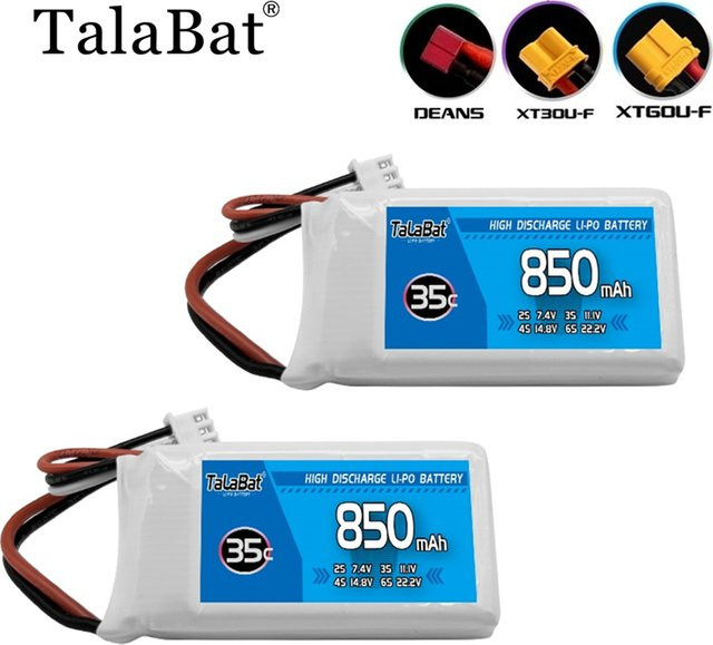 VSVAW LiPo-Akku 2s 7,4V 850mAh 35C für RC-Helikopter, Quadcopter und FPV Racing Drohnen mit XT30, T, JST oder XT60 Stecker, Weiß - Bild 1