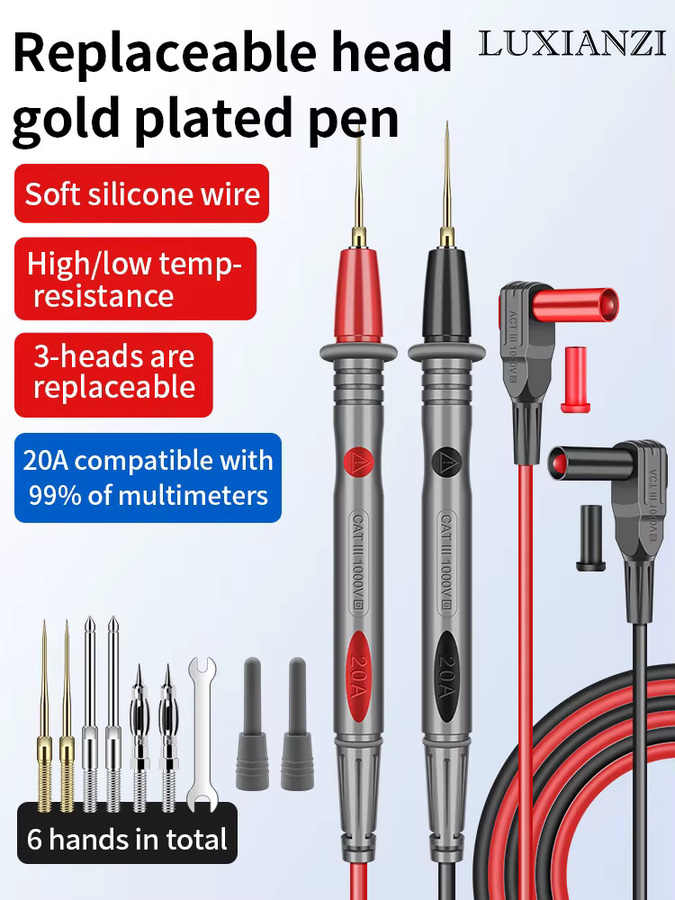LUXIANZI Multimeter-Messleitungen Kit aus Edelstahl und Silikon, vergoldet, mit austauschbaren Nadeln, 1000 V 20 A, Farben: Gold und Rot - Bild 1