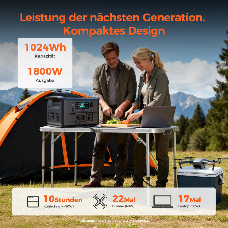 CTOLITY Tragbare UPS-Stromstation mit LiFePO4-Akku AP1000 (1800W, 1024Wh) und AP400 (500W, 345Wh) Solar-Generator in Schwarz für Camping und Notstromversorgung - Bild 2