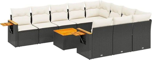 vidaXL 11-teilige Garten-Sofagarnitur in L-Form aus Poly-Rattan und Akazienholz mit Kissen in Schwarz - Bild 1
