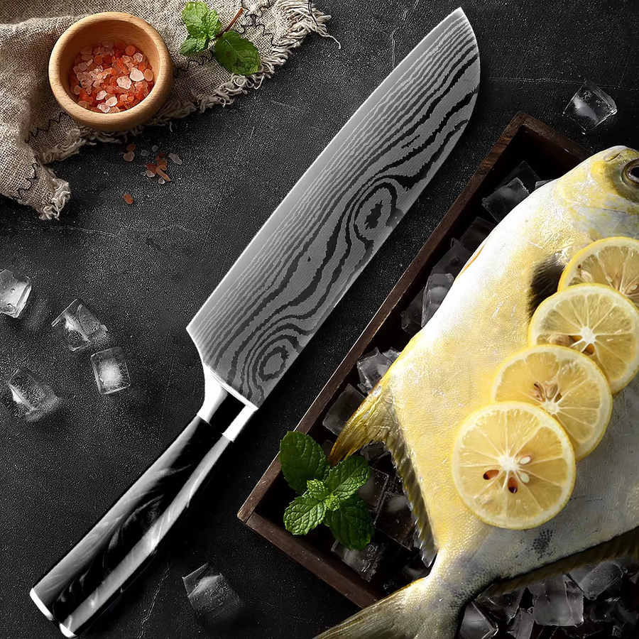 XITUO 1-6-teiliges Japanisches Messerset mit schwarzem Kunstharzgriff und Laser-Damaszener-Muster bestehend aus Brotmesser, Santoku-Messer und Schälmesser in Schwarz - Bild 3