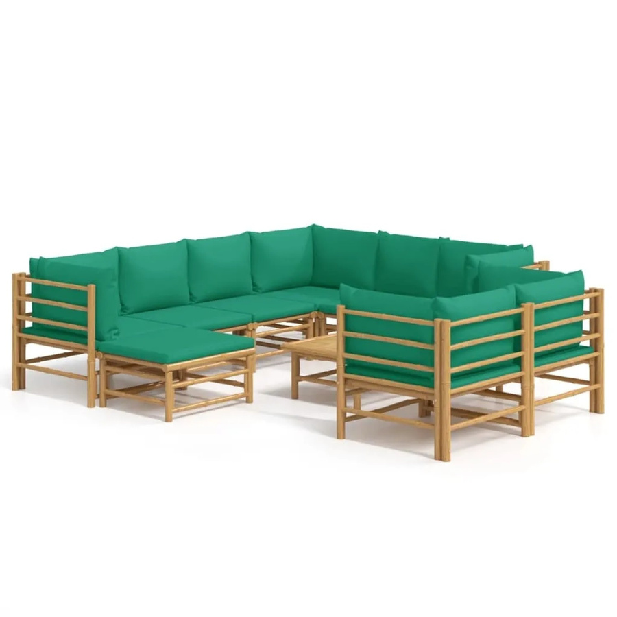 vidaXL 10-tlg Garten-Lounge-Set aus Bambus mit grünen Polsterkissen in U-Form - Bild 2