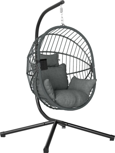 Outsunny Hängesessel Hängeschaukel in Rattanoptik mit Kissen und Becherhalter, klappbarer Sitzkorb aus Stahl in Grau - Bild 1