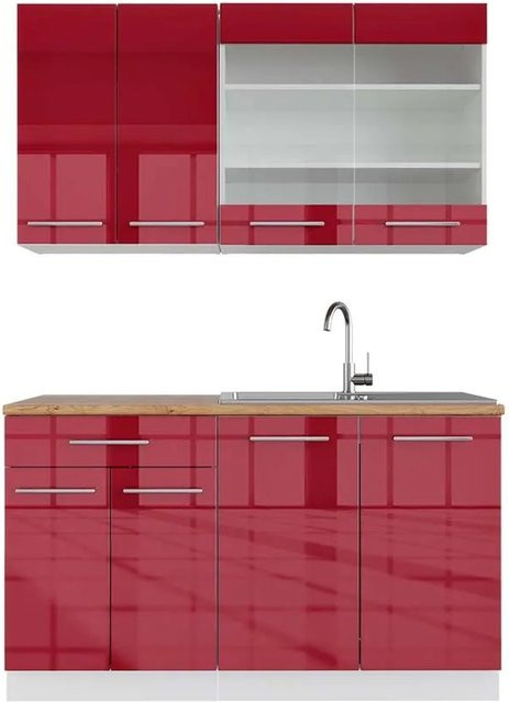 Vicco Fame-Line Küchenschrank in Bordeaux Rot und Weiß Hochglanz mit Eiche Optik Breite: 140 cm - Bild 1