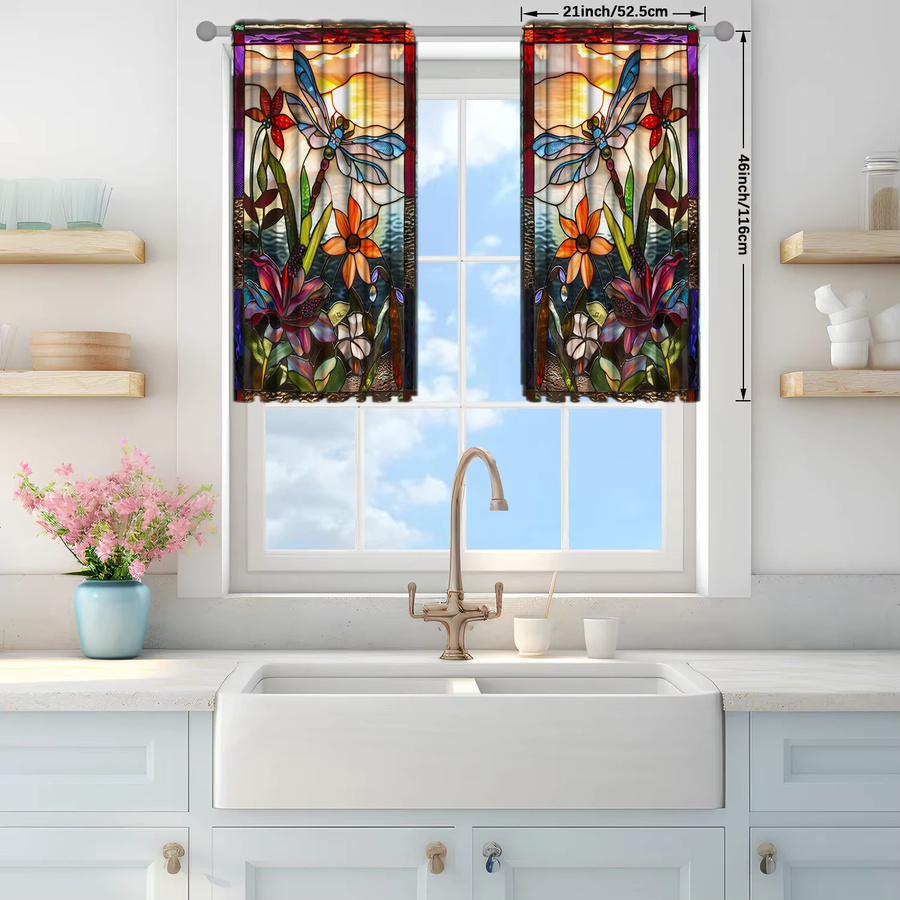 2er-Set VOZMIO Buntglas-Vorhänge mit Libellen-Motiv in Multicolour, transparente Stoffpaneele im Art Nouveau Design - Bild 2