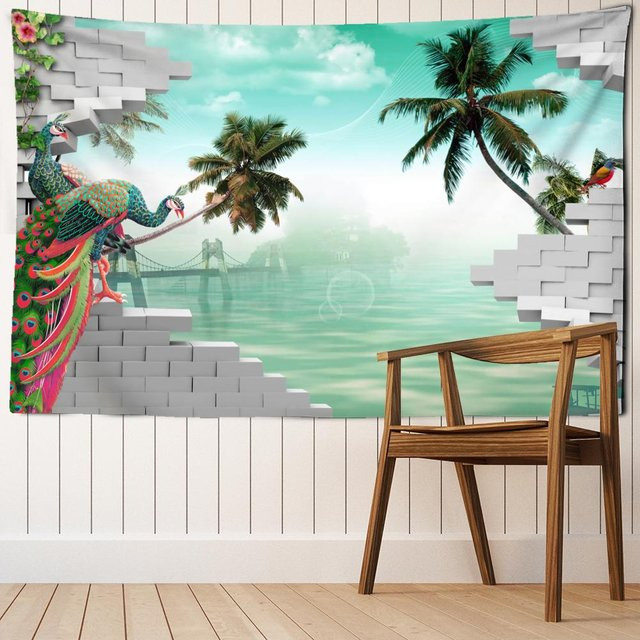 Super Six Wandteppich Pfau Ozean Landschaft im Boho-Stil, Farbe: Weiß/Mehrfarbig, B: 95 cm, H: 70 cm - Bild 1