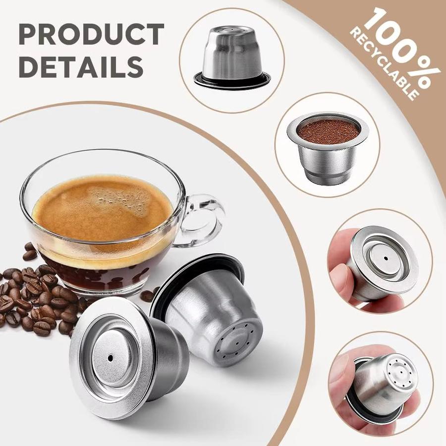Wiederverwendbare Kaffeekapsel für Nespresso Espresso Crema Cups aus Edelstahl in Silber mit Tamper-Dosierring - Bild 2