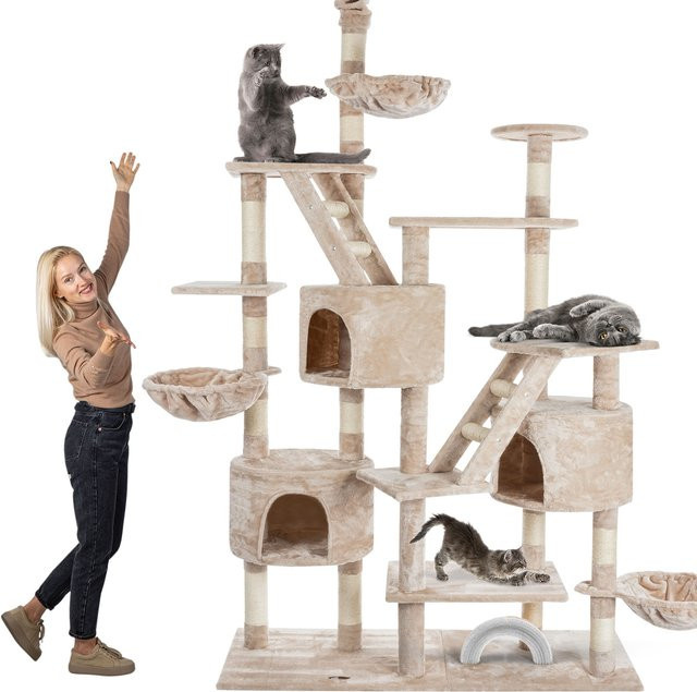 HAPPYPET Kratzbaum SAM deckenhoch, XXL Kletterbaum für mehrere Katzen mit Häusern und Liegemulden, Farbe: Beige, Höhe: 260 cm - Bild 1