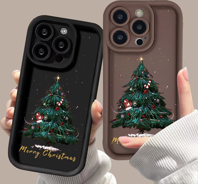Weihnachtsbaum Handyhülle aus flüssigem Silikon für iPhone 16 Pro, iPhone 17 Air, 16e, 15 Pro Max, 11, 12, 13, 14, 15, 16 Plus Soft Cover in Schwarz - Bild 1
