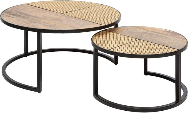 riess-ambiente Couchtisch VIENNA LOUNGE 2er Set aus massivem Mangoholz und Metall mit Wiener Geflecht, rund, Durchmesser: 70 cm, schwarz und braun - Bild 1